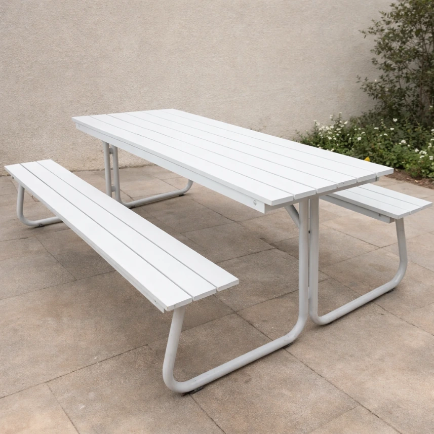 โต๊ะโรงอาหารไม้เต็ง ขาตัวเจ J ขาว.webp