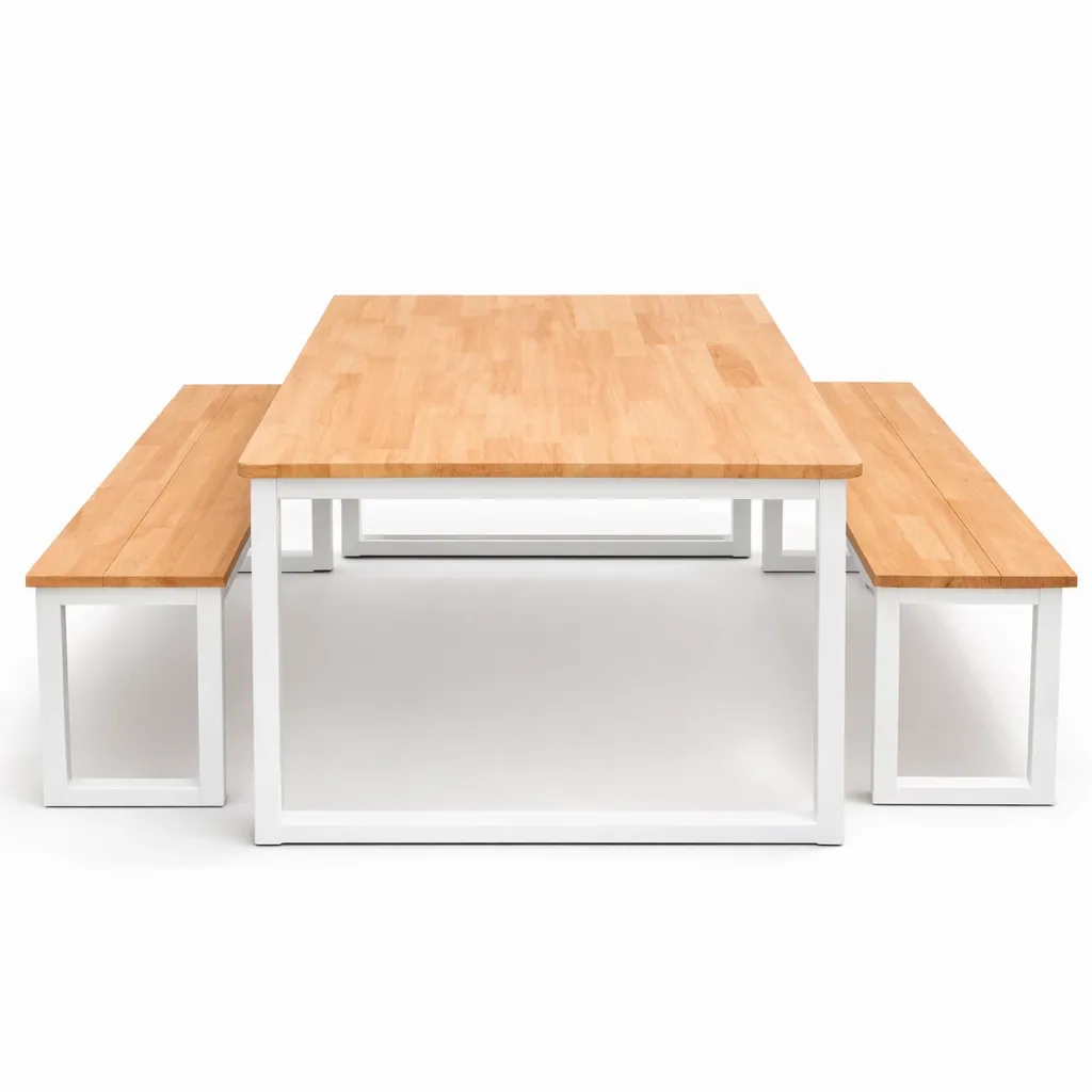 โต๊ะอาหารไม้ยางพารา ขาเหล็ก 1.5 X 3 นิ้ว ขาขาว.webp