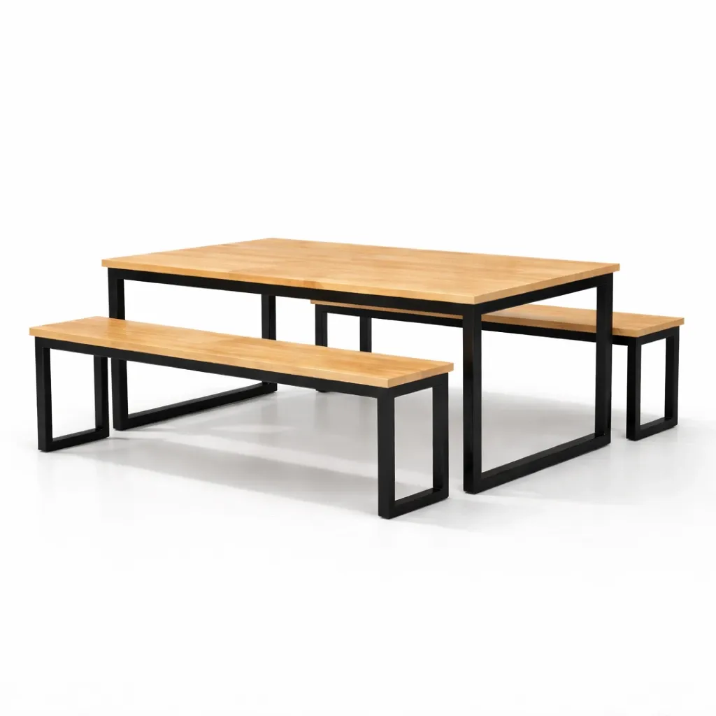 โต๊ะอาหารไม้ยางพารา ขาเหล็ก 1.5 X 3 นิ้ว ข้าง.webp