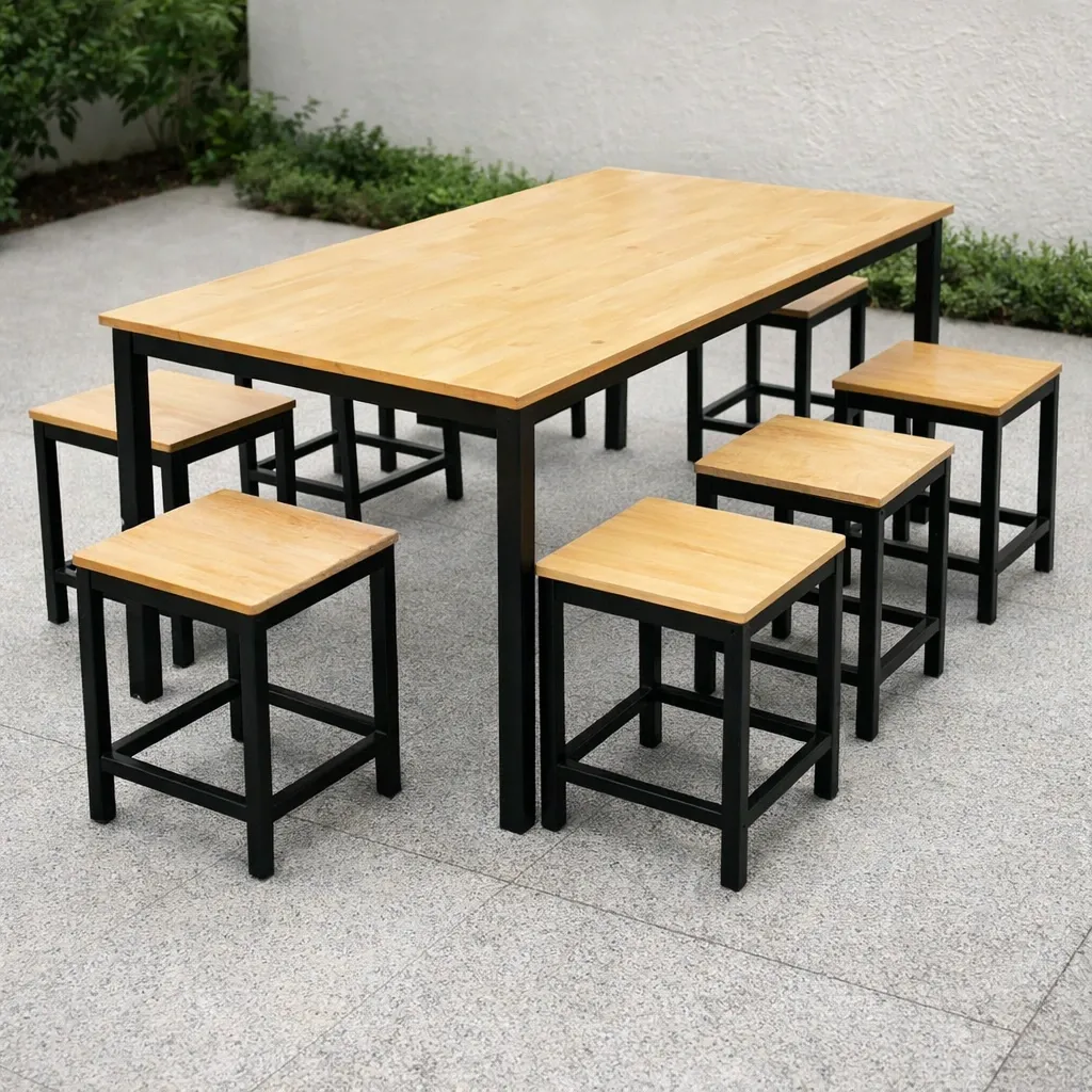 โต๊ะโรงอาหารไม้ยางพารา ขาเหล็กพ่นดำ พร้อมเก้าอี้สตูล ข้าง.webp