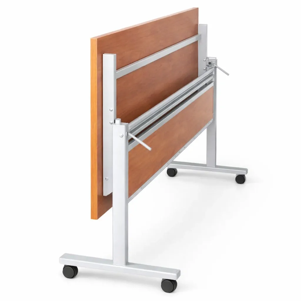 โต๊ะพับ มีล้อ หน้าพับได้เมลามีน ขาเหล็กกลม 1.5 นิ้ว พร้อมที่วางของ พับ.webp