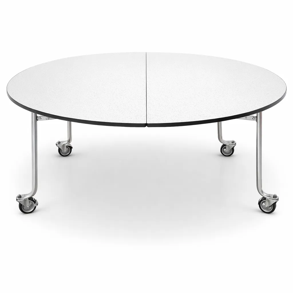 โต๊ะแตงโม พับได้ มีล้อ หน้าไม้อัดปิดฟอเมก้าขาว (Round Folding Table – Watermelon Style)