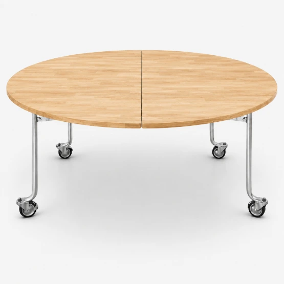 โต๊ะแตงโม พับได้ มีล้อ หน้าไม้อัดปิดฟอเมก้าขาว (Round Folding Table – Watermelon Style)