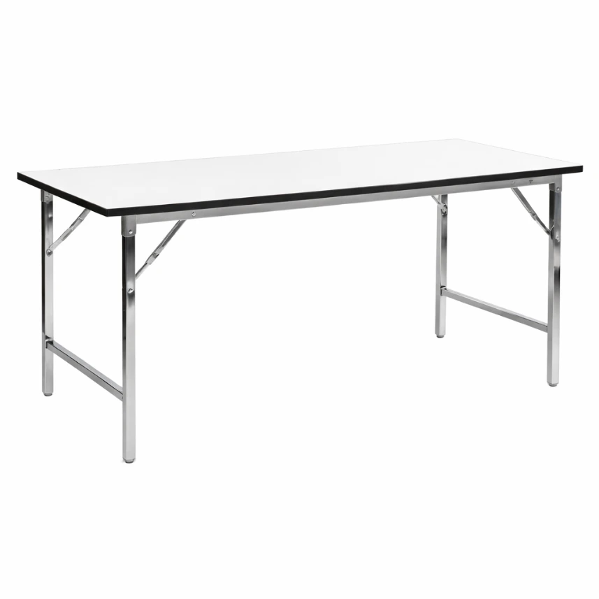 โต๊ะพับหน้าไม้อัด หนา 18 มม. ปิดผิวฟอเมก้าขาว โครงขาเหล็กพับได้ ชุบโครเมี่ยม