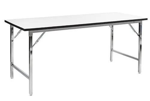 โต๊ะพับหน้าไม้อัด หนา 18 มม. ปิดผิวฟอเมก้าขาว โครงขาเหล็กพับได้ ชุบโครเมี่ยม