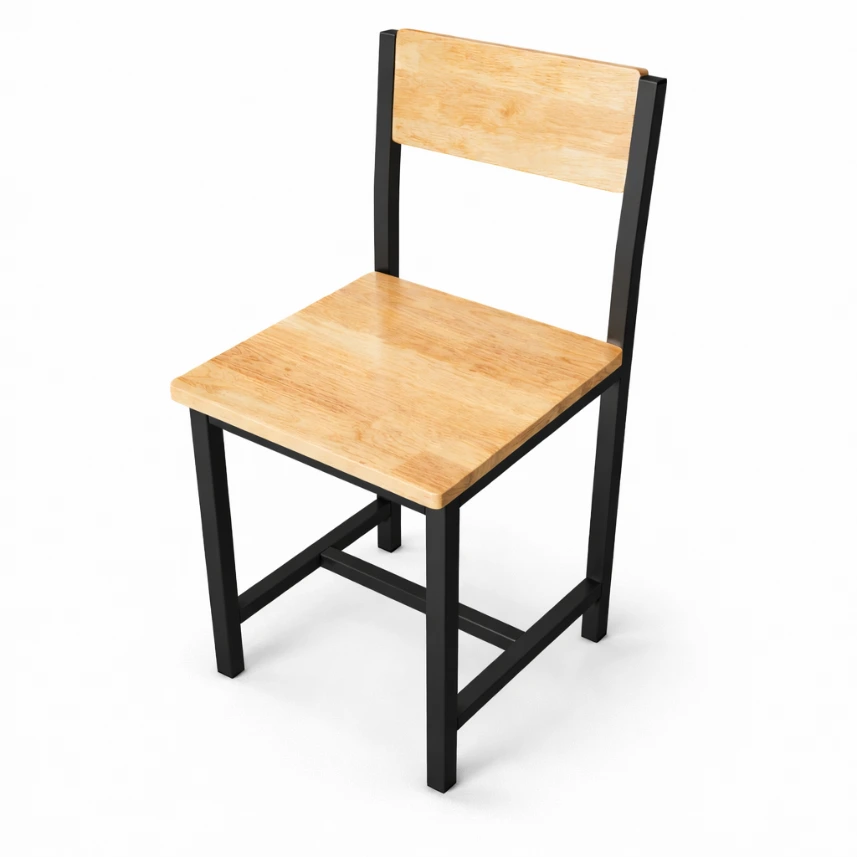 เก้าอี้ไม้ยางพารา โครงเหล็ก 1 นิ้ว แข็งแรง ทนทาน