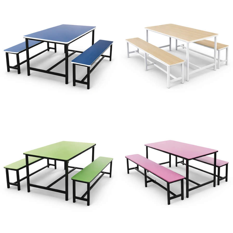 โต๊ะโรงอาหารไม้อัดบุลามิเนต สีและลายไม้ พร้อมม้านั่งยาว