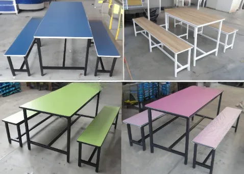 โต๊ะโรงอาหารไม้อัดบุลามิเนต สีและลายไม้ พร้อมม้านั่งยาว