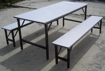 โต๊ะโรงอาหารไม้ปาติเกิ้ล ปิดผิวฟอเมก้าขาว ขาพับได้ พร้อมม้านั่งยาว