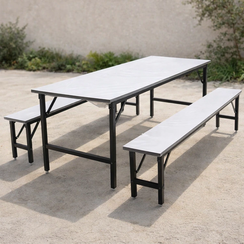 โต๊ะโรงอาหารไม้ปาติเกิ้ล ปิดผิวฟอเมก้าขาว ขาพับได้ พร้อมม้านั่งยาว