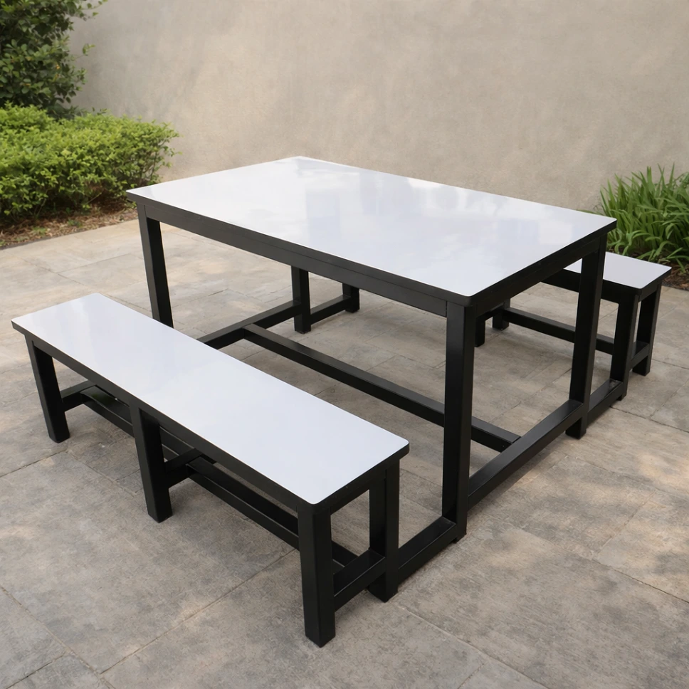 โต๊ะโรงอาหารไม้ปาติเกิล ปิดผิวฟอเมก้าขาว โครงเหล็ก 1.5 นิ้ว พร้อมม้านั่งยาว