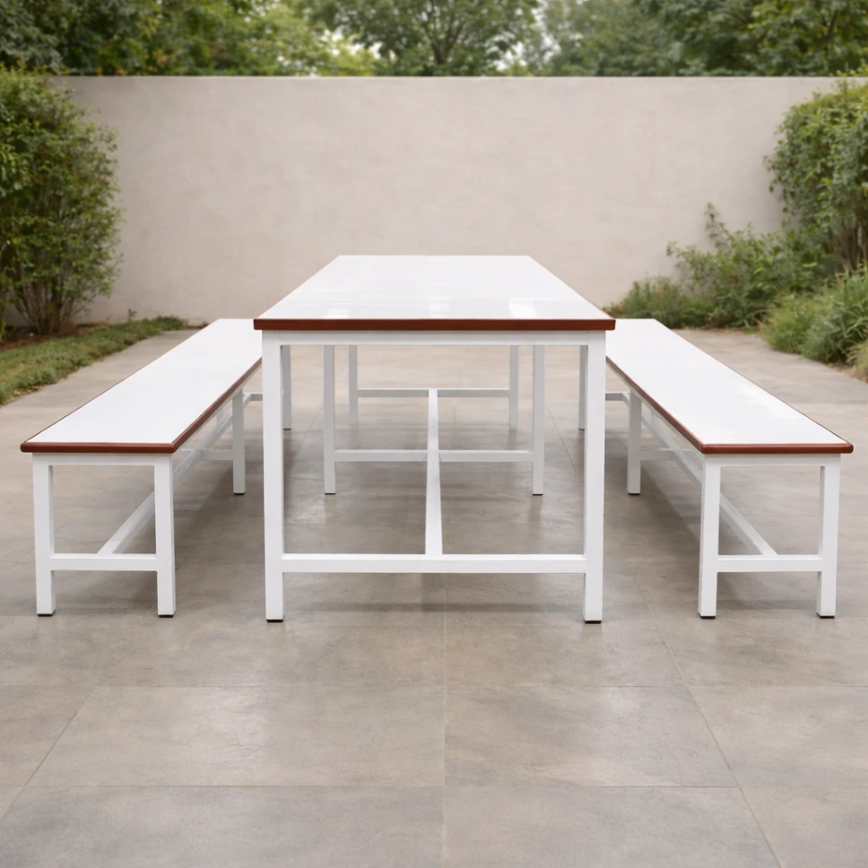 โต๊ะโรงอาหารไม้อัดขอบไม้จริง ขาตาย พร้อมม้านั่งยาว