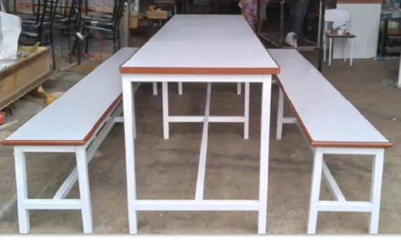 โต๊ะโรงอาหารไม้อัดขอบไม้จริง ขาตาย พร้อมม้านั่งยาว