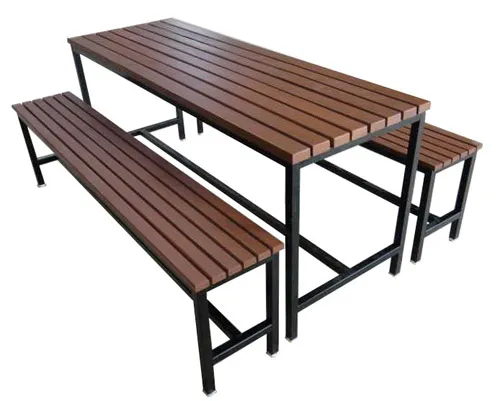 โต๊ะโรงอาหารไม้ระแนง ขาเหล็กพ่นดำ พร้อมม้านั่งยาว