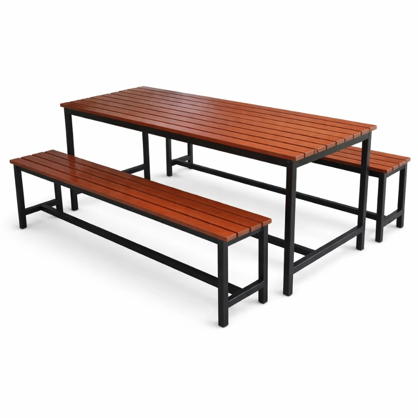 โต๊ะโรงอาหารไม้ระแนง ขาเหล็กพ่นดำ พร้อมม้านั่งยาว