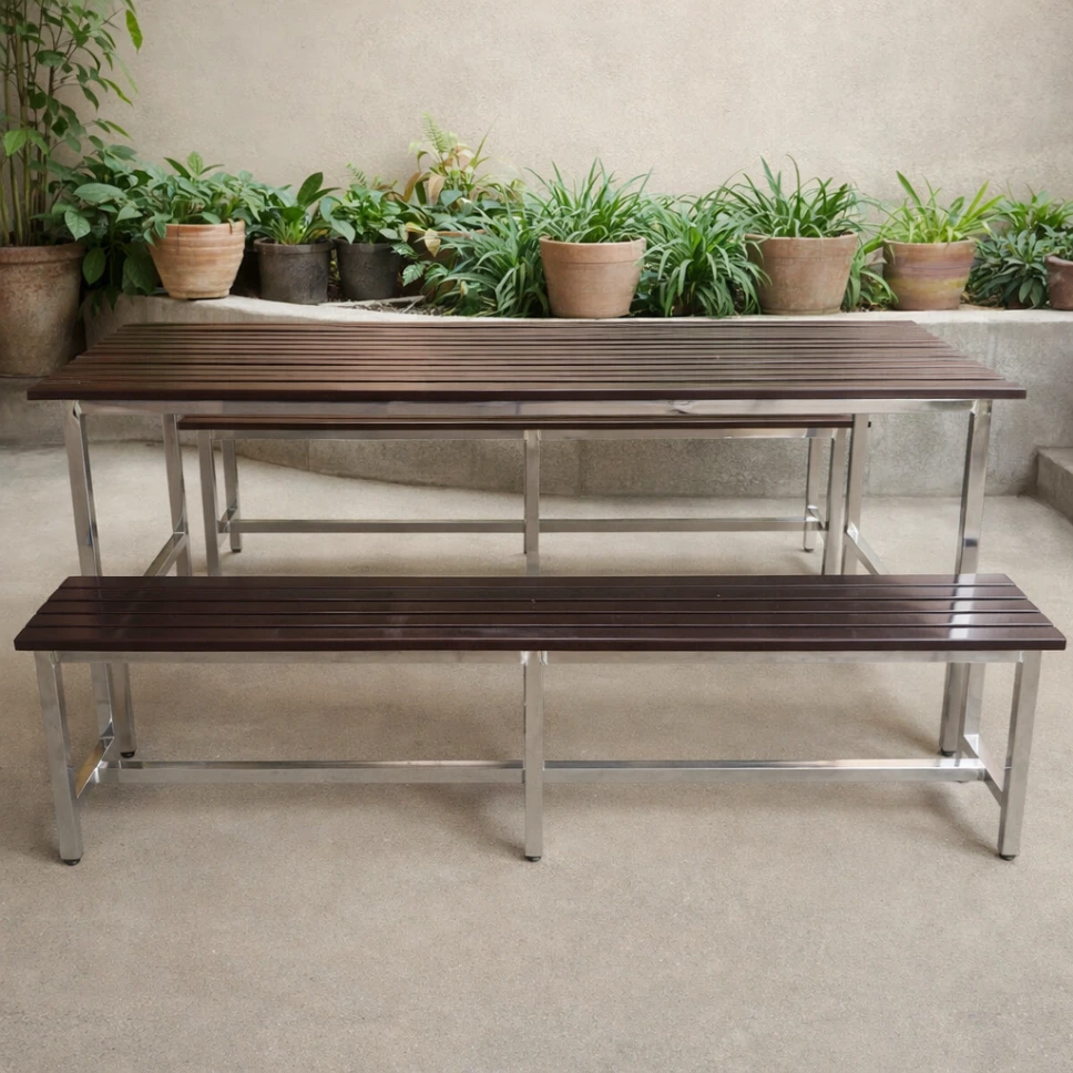 โต๊ะโรงอาหารไม้ระแนง ขาตายชุบโครเมียม พร้อมม้านั่งยาว