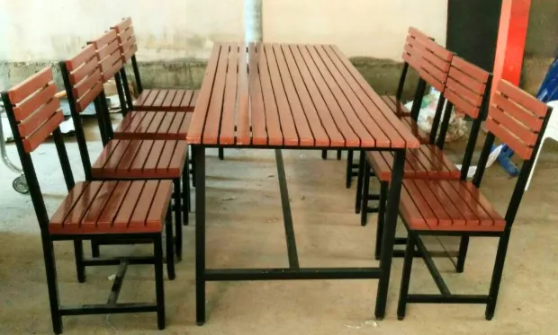 โต๊ะโรงอาหารไม้ระแนง พร้อมเก้าอี้เดี่ยวมีพนักพิงไม้สยาแดง