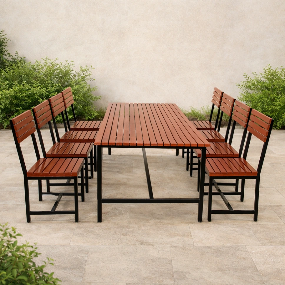 โต๊ะโรงอาหารไม้ระแนง พร้อมเก้าอี้เดี่ยวมีพนักพิงไม้สยาแดง