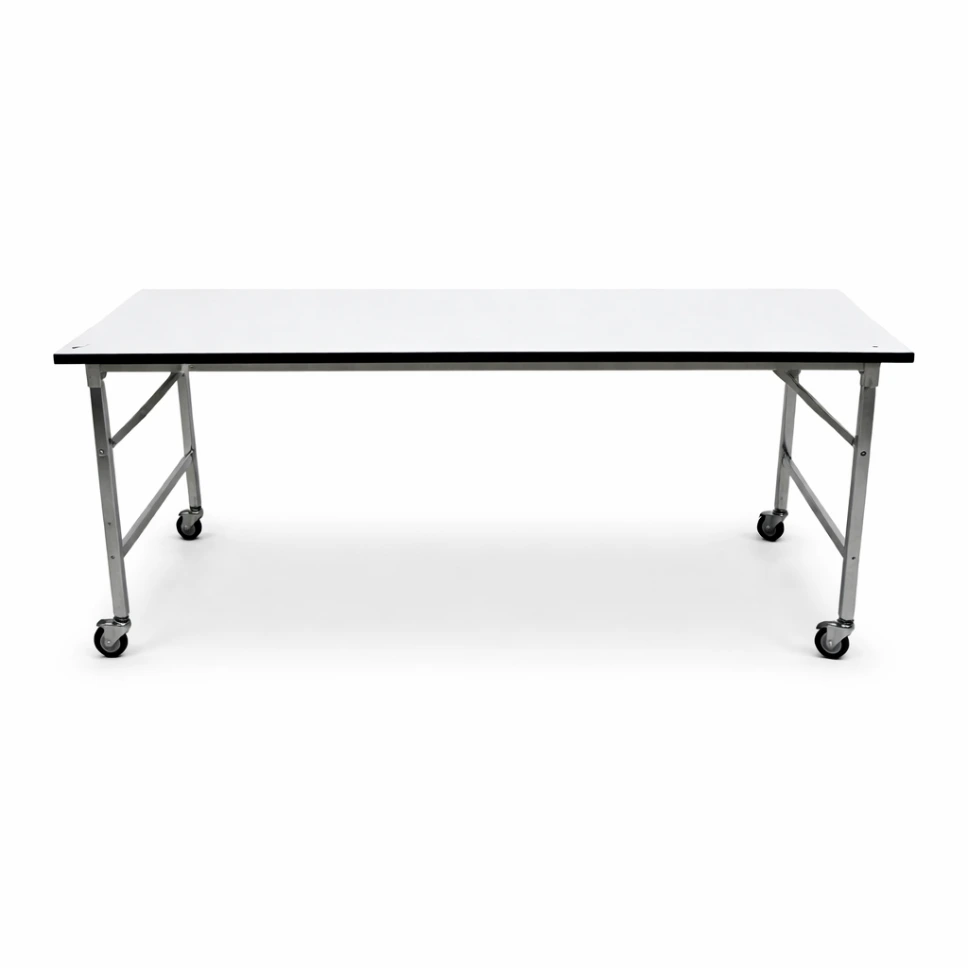 โต๊ะพับหน้าฟอเมก้าขาว 25 มม. ขามีล้อเลื่อนล็อคได้ ขาชุบโครเมี่ยม