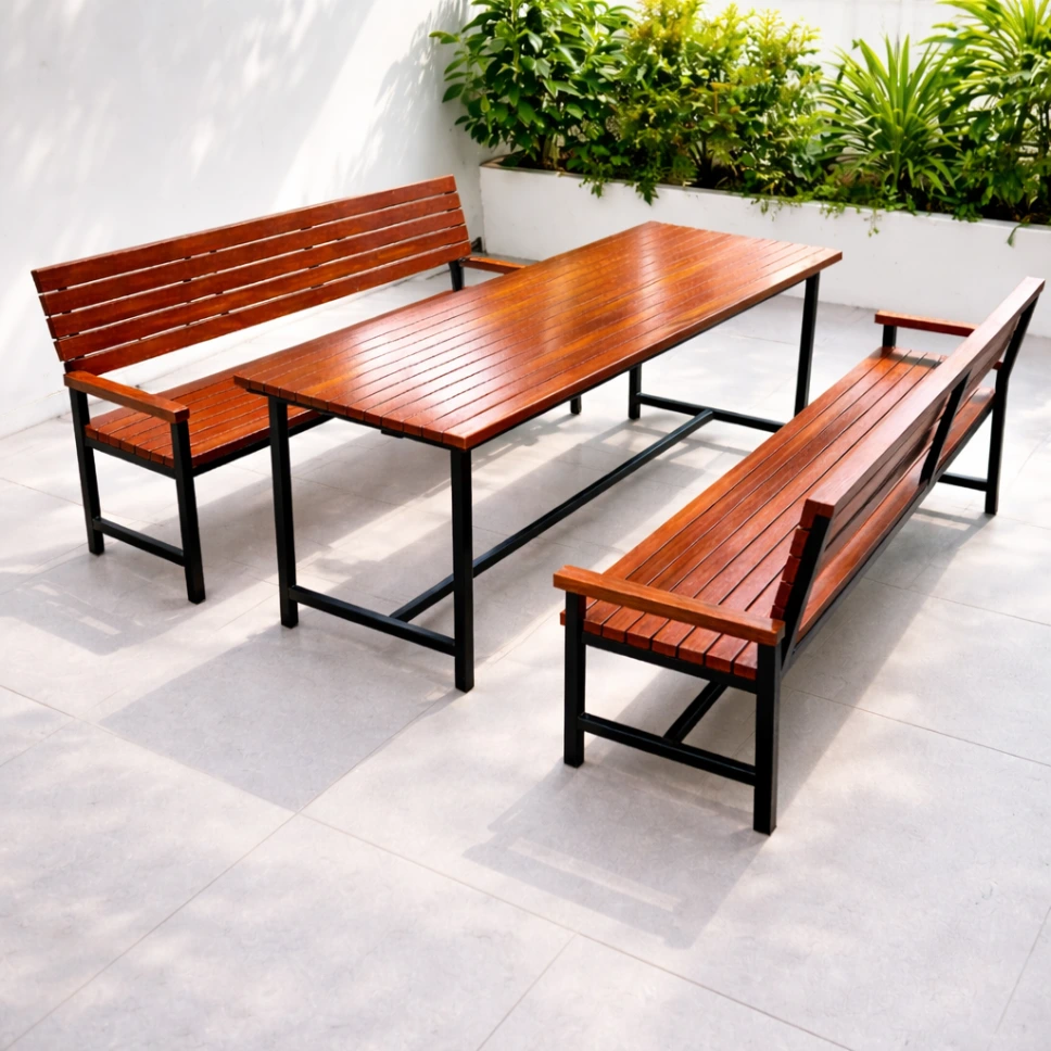 โต๊ะโรงอาหารไม้ระแนง พร้อมม้านั่งยาวมีพนักพิงไม้ยางแดง