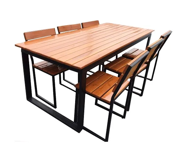 โต๊ะโรงอาหารไม้ระแนงแผ่นใหญ่ หน้า 4 นิ้ว พร้อมเก้าอี้เดี่ยว