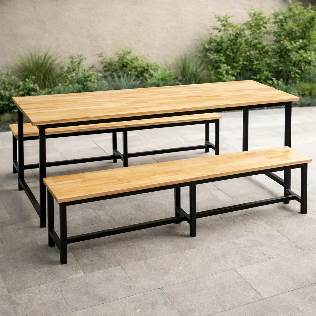 โต๊ะโรงอาหารไม้ยางพารา ขาเหล็กพ่นดำ (ขาตาย)