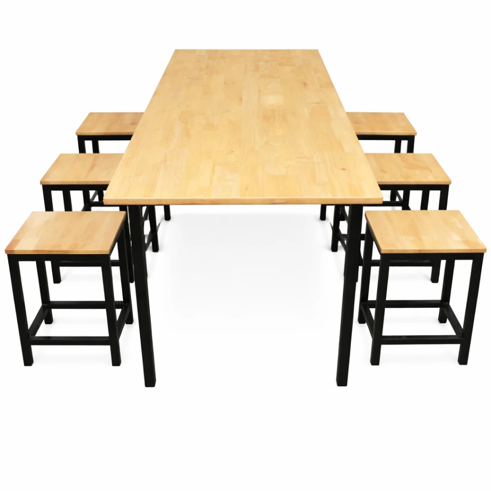 โต๊ะโรงอาหารไม้ยางพารา ขาเหล็กพ่นดำ พร้อมเก้าอี้สตูล