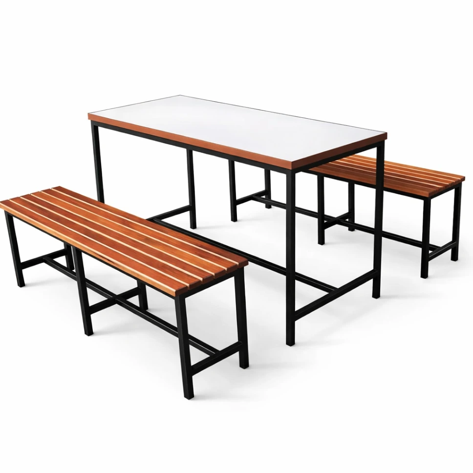 โต๊ะโรงอาหารหน้าโฟเมก้าขาว ขอบไม้จริง พร้อมม้านั่งยาวระแนง