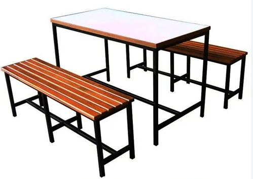 โต๊ะโรงอาหารหน้าโฟเมก้าขาว ขอบไม้จริง พร้อมม้านั่งยาวระแนง