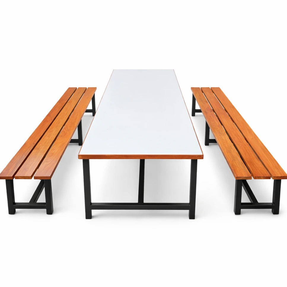 โต๊ะโรงอาหารหน้าโฟเมก้าขาว ขอบไม้จริง พร้อมม้านั่งยาวระแนงซี่ใหญ่