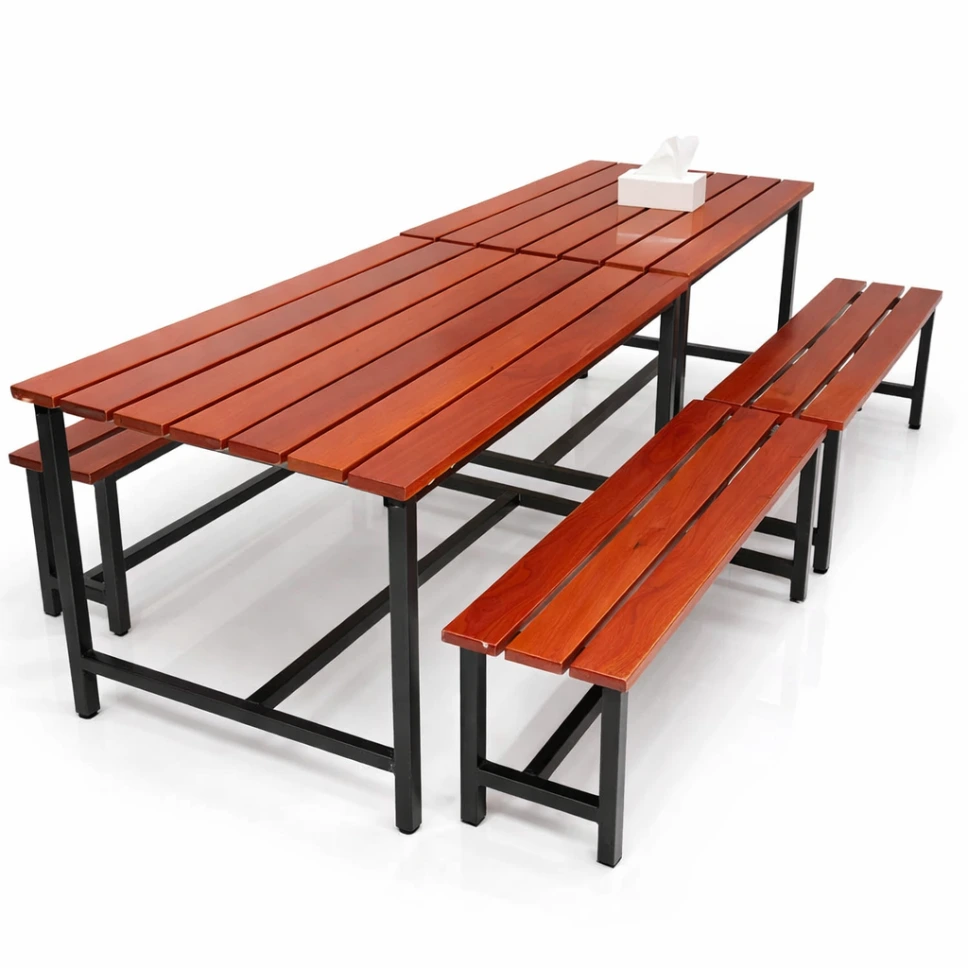 โต๊ะโรงอาหารไม้ระแนง แผ่นใหญ่ 4 นิ้ว พร้อมม้านั่งยาว