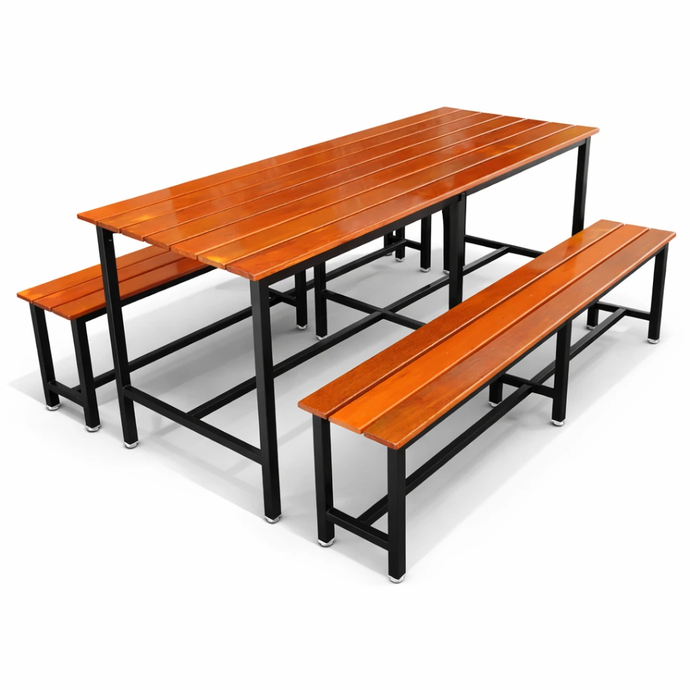 โต๊ะโรงอาหารไม้เต็ง หน้า 4 นิ้ว พร้อมม้านั่งยาว