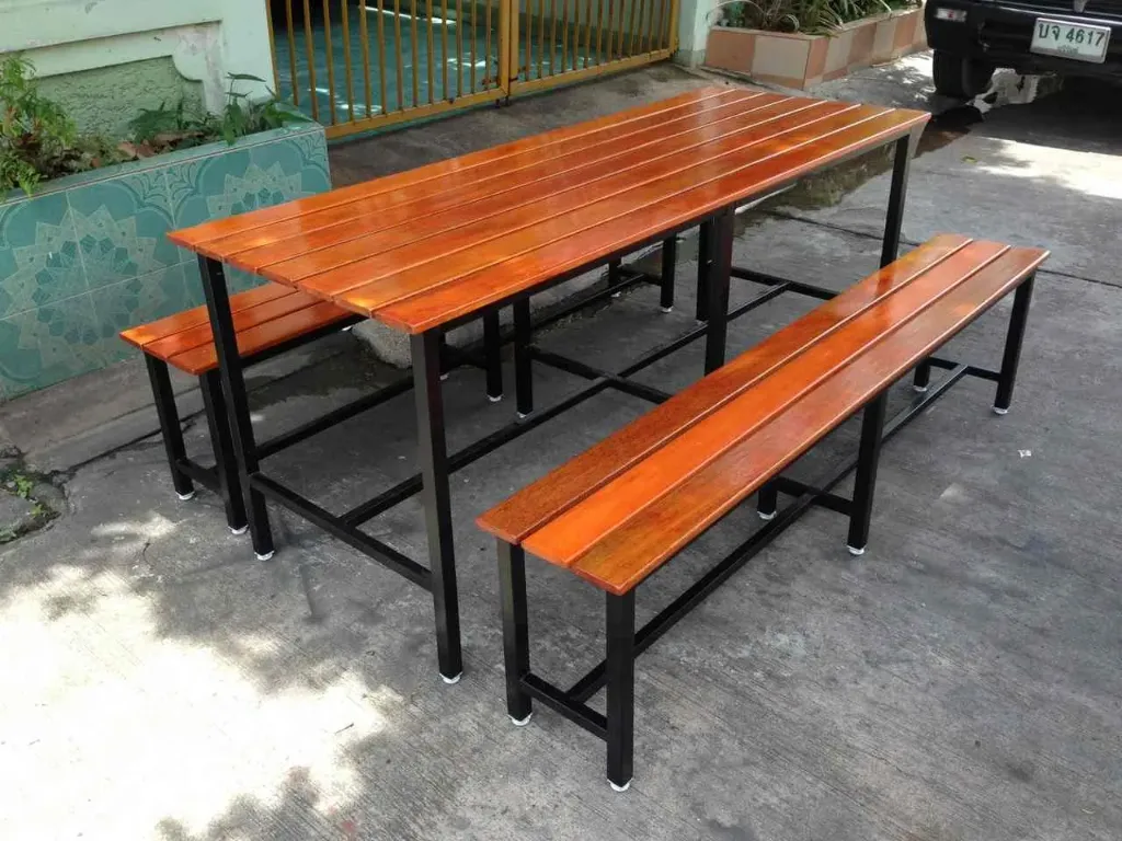 โต๊ะโรงอาหารไม้เต็ง หน้า 4 นิ้ว พร้อมม้านั่งยาว