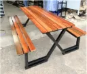 ชุดโต๊ะโรงอาหารไม้เต็ง ขาไขว้ X โครงเหล็ก 2×2 นิ้ว หนา 1.5 มม. พร้อมม้านั่ง 2 ตัว