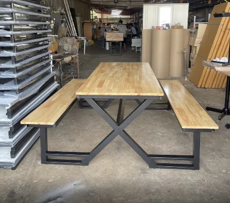 ชุดโต๊ะโรงอาหารไม้เต็ง ขาไขว้ X พร้อมม้านั่งมีพนักพิง โครงเหล็ก 2×2 นิ้ว