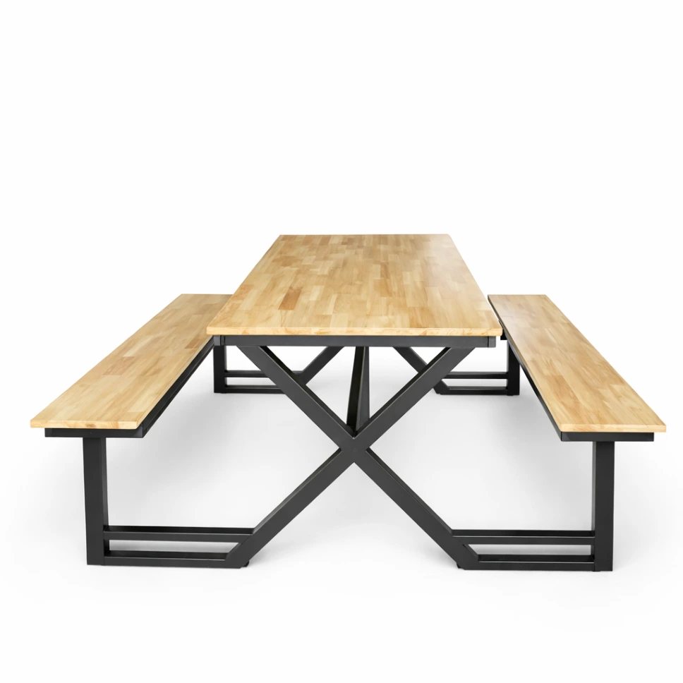 ชุดโต๊ะโรงอาหารไม้เต็ง ขาไขว้ X พร้อมม้านั่งมีพนักพิง โครงเหล็ก 2×2 นิ้ว