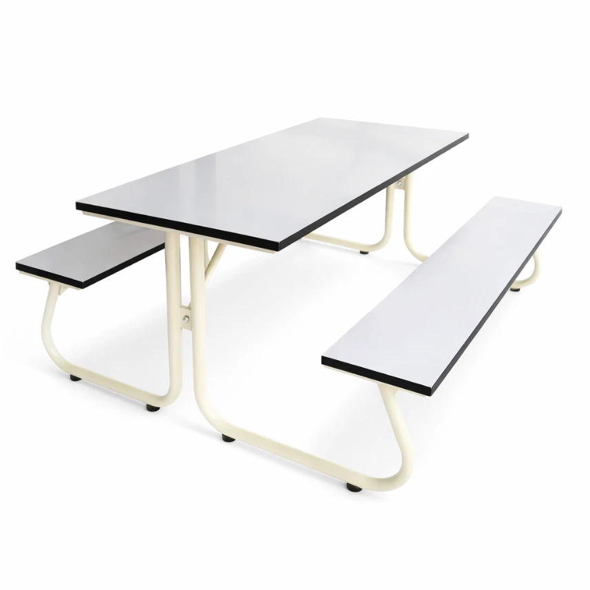 ชุดโต๊ะโรงอาหารหน้าฟอร์ไมก้าขาว 25 มม. ขาเหล็กดัดตัวเจ (J-Leg) พร้อมม้านั่ง 2 ตัว