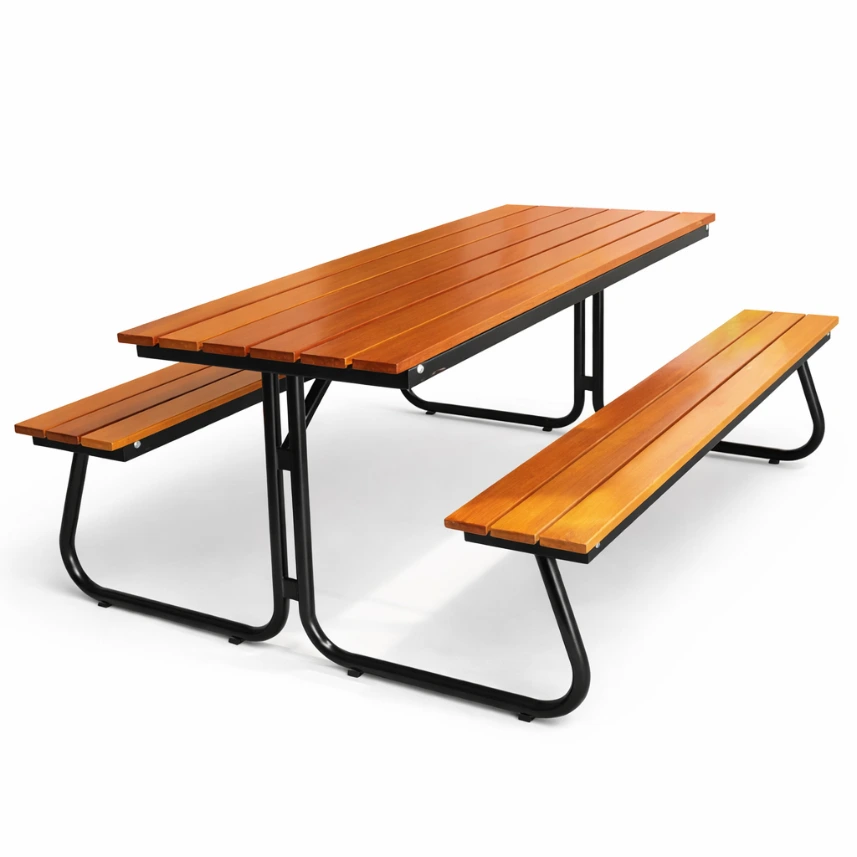 ชุดโต๊ะโรงอาหารไม้เต็ง ขาตัวเจ (J-Leg) เหล็ก 1.5×1.5 นิ้ว หนา 1.5 มม. พร้อมม้านั่ง 2 ตัว