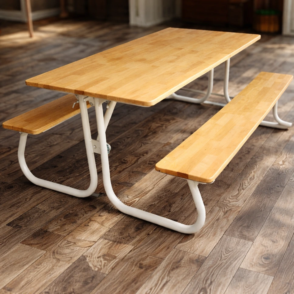 ชุดโต๊ะโรงอาหารไม้ยางพารา ขาตัวเจ (J-Leg) เหล็ก 1.5×1.5 นิ้ว หนา 1.5 มม. พร้อมม้านั่ง 2 ตัว