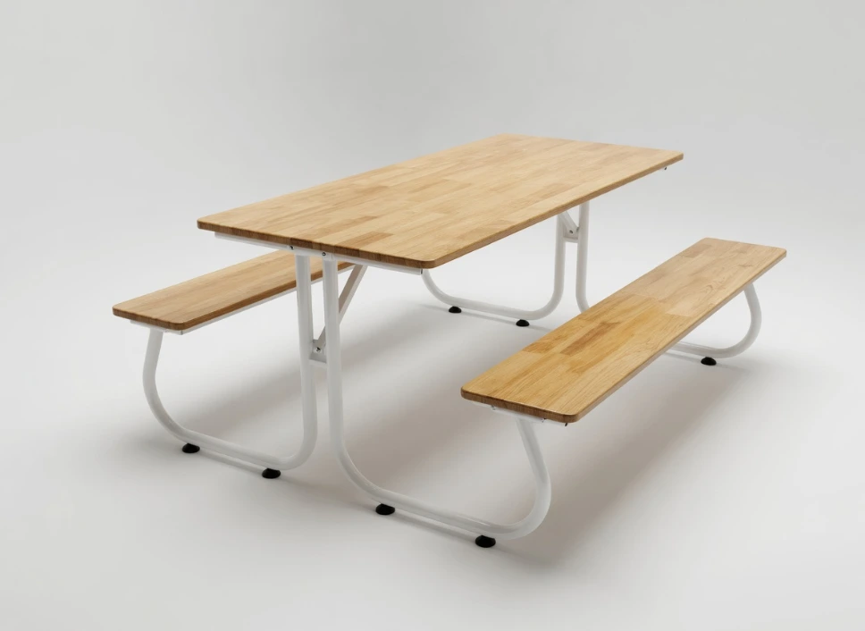 ชุดโต๊ะโรงอาหารไม้ยางพารา ขาตัวเจ (J-Leg) เหล็ก 1.5×1.5 นิ้ว หนา 1.5 มม. พร้อมม้านั่ง 2 ตัว