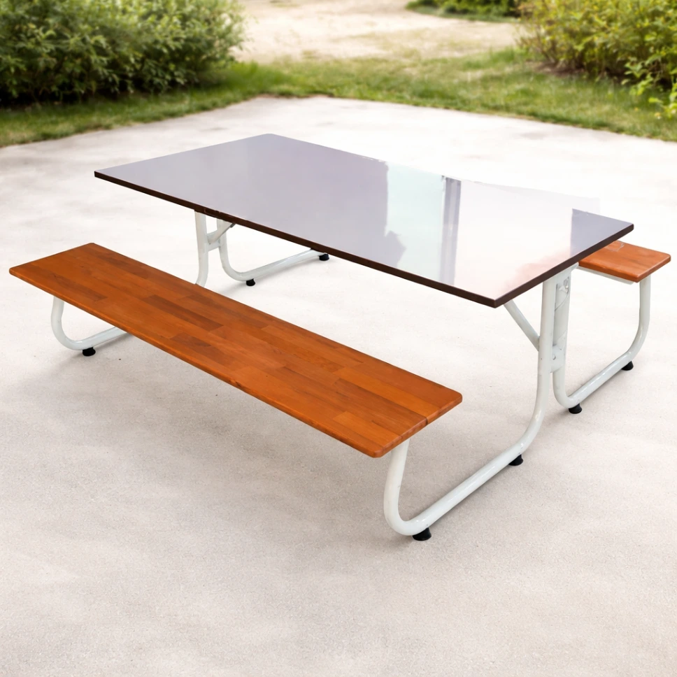 ชุดโต๊ะโรงอาหารหน้าขาว พร้อมม้านั่งไม้ยางพารา ขาตัวเจ (J-Leg) เหล็ก 1.5×1.5 นิ้ว