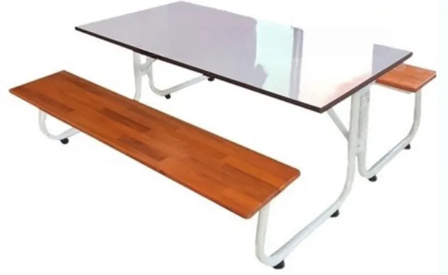 ชุดโต๊ะโรงอาหารหน้าขาว พร้อมม้านั่งไม้ยางพารา ขาตัวเจ (J-Leg) เหล็ก 1.5×1.5 นิ้ว