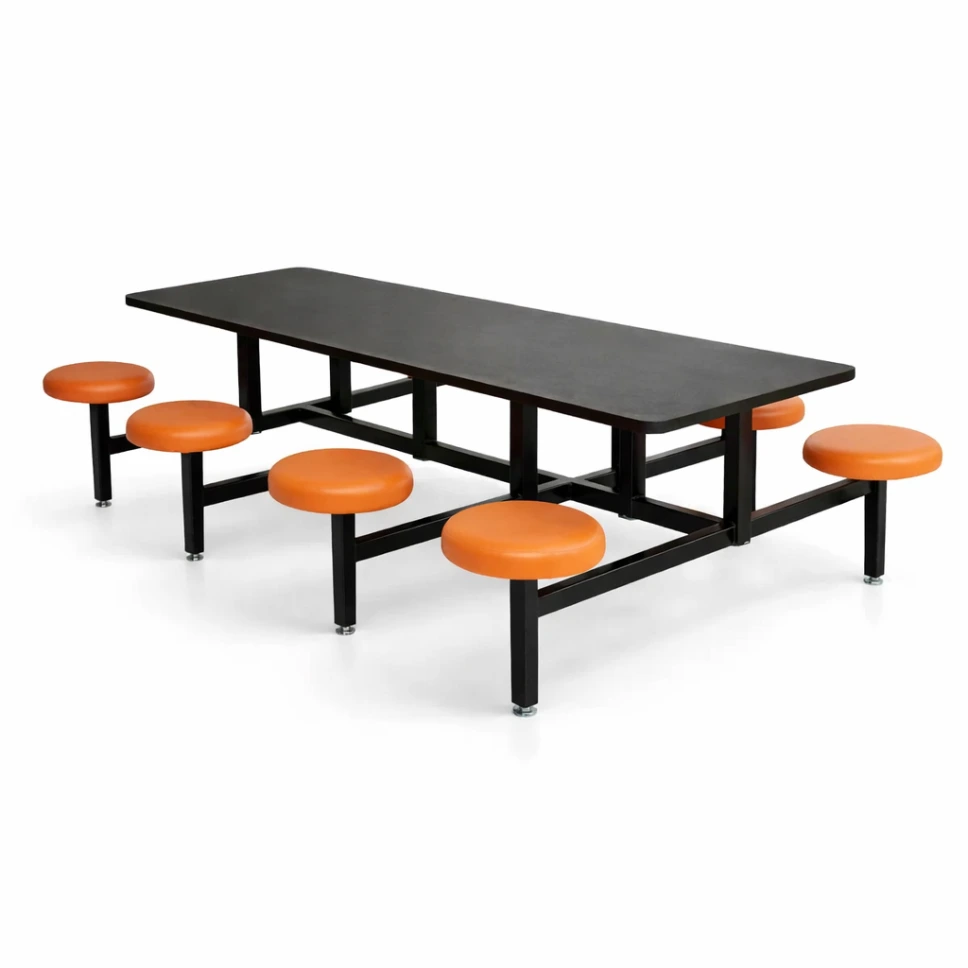 โต๊ะโรงอาหารไม้อัดพ่นสี พร้อมเก้าอี้เดี่ยวหัวโล้นหมุนได้ โครงเหล็ก 2 นิ้ว