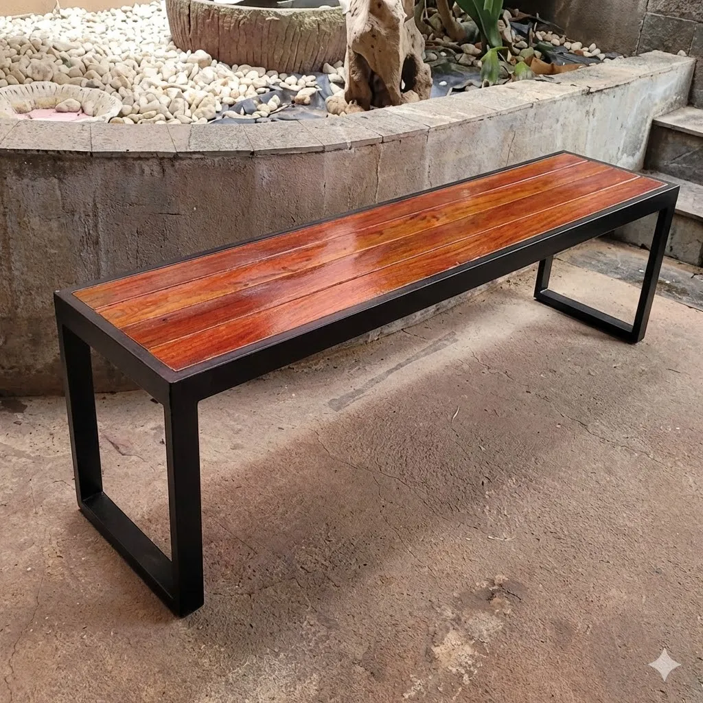 ม้านั่งโรงอาหารไม้เต็ง ขาเหล็ก 1×2 นิ้ว หนา 1.2 มม. (เหล็กล้อม)