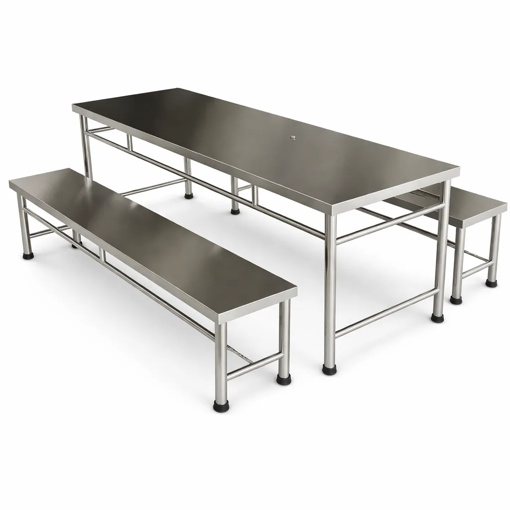 โต๊ะโรงอาหารสแตนเลส เกรด 304 พร้อมม้านั่งยาว 2 ตัว