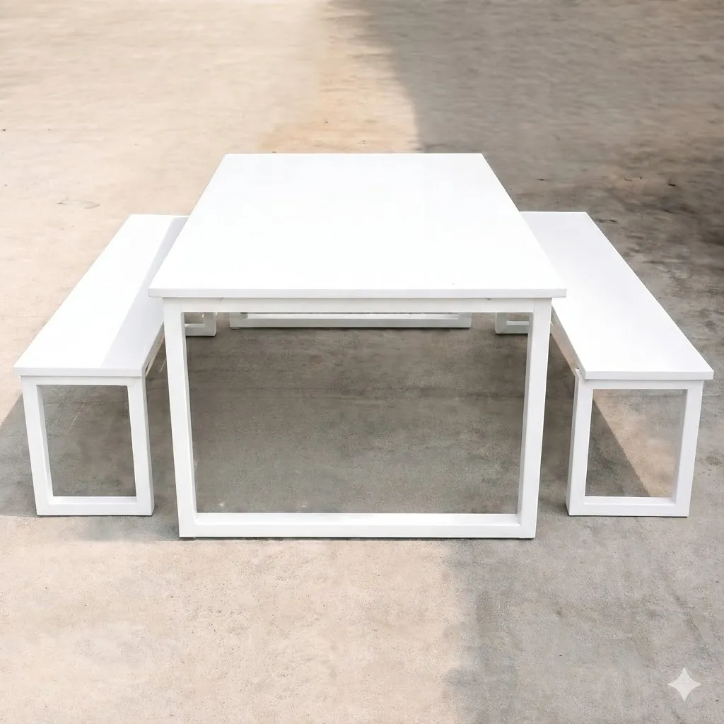 โต๊ะโรงอาหารหน้าขาว 25 มม. โครงเหล็ก 3×1.5 นิ้ว พร้อมม้านั่งยาว