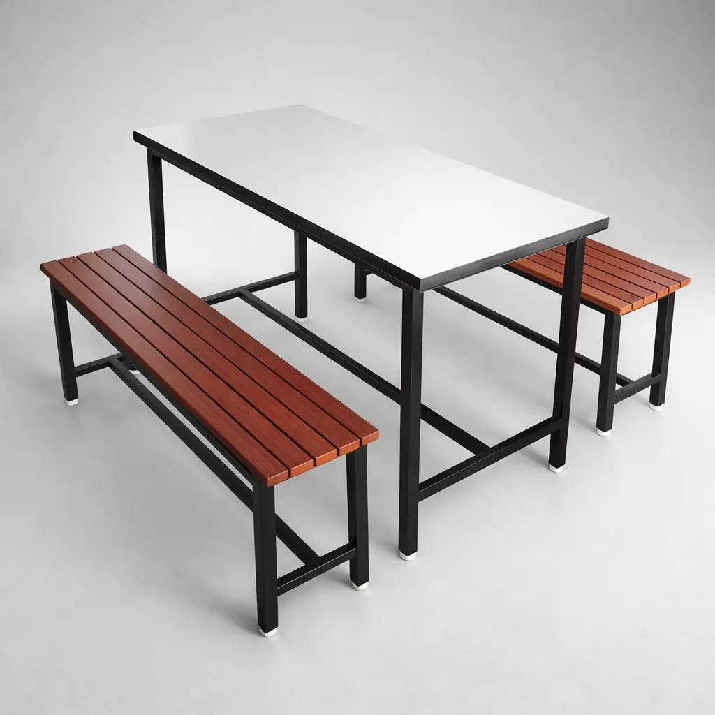 โต๊ะโรงอาหารหน้าโฟเมก้าขาว 25 มม. พร้อมม้านั่งไม้ระแนง