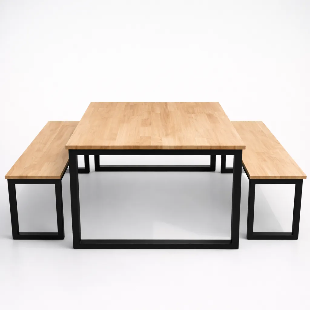 โต๊ะโรงอาหารไม้ยางพารา ขาเหล็ก 1.5×3 นิ้ว พร้อมม้านั่งยาว