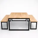 โต๊ะโรงอาหารไม้ยางพารา ขาเหล็ก 1.5×3 นิ้ว พร้อมม้านั่งยาว