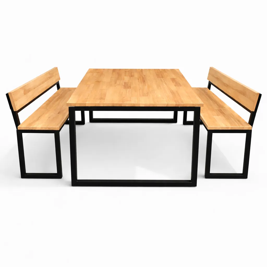 โต๊ะโรงอาหารไม้ยางพารา ขาตาย พร้อมม้านั่งมีพนักพิง